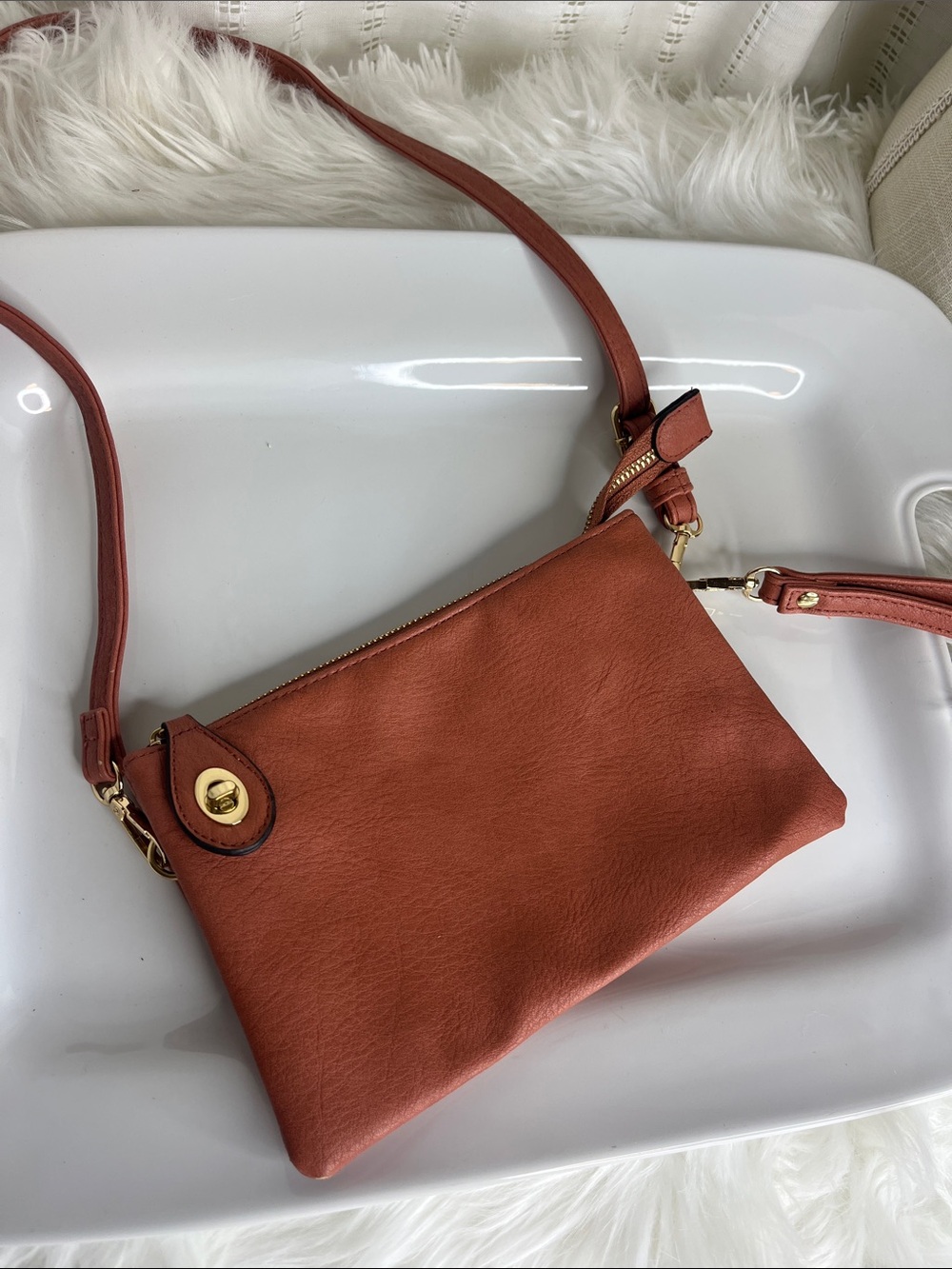 Rust Vegan Leather Crossbody with Gold-Tone Accent